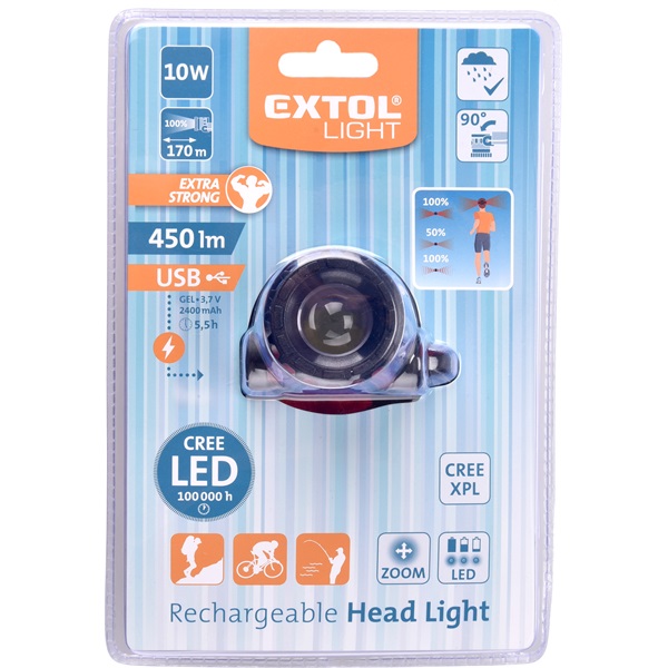 LED fejlámpa, 10 W, CREE XPL, 450 Lumen; tölthető akkuval, zoom + 3 funkció (teljes/ 1/4 fényerő, villogás), fehér+piros