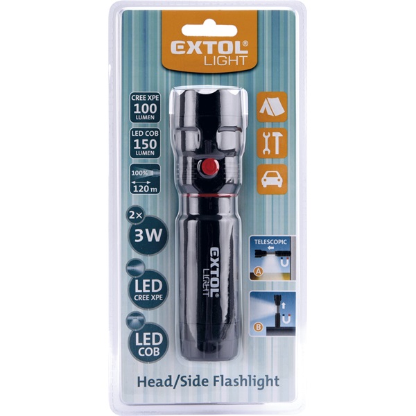 LED lámpa, 3W XPE+3 W COB, 100Lm+150Lm;teleszkópos, 3 funkció (teljes/fél fényerő, villogás), műanyag ház, elem nélkül