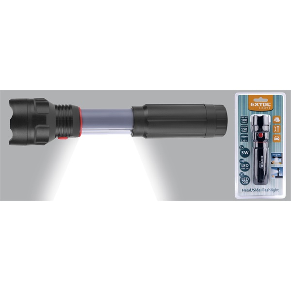 LED lámpa, 3W XPE+3 W COB, 100Lm+150Lm;teleszkópos, 3 funkció (teljes/fél fényerő, villogás), műanyag ház, elem nélkül
