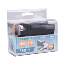 LED lámpa, kerékpár, első, fehér 5 W LED; 350 Lm, ABS ház, USB újratölthető beépített Li-ion akku, 1,2 Ah, duda