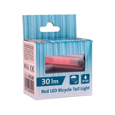 LED lámpa, kerékpáros, hátsó piros LED; 30 Lm, ABS ház, USB újratölthető beépített Li-polimer akku, 220 mAh