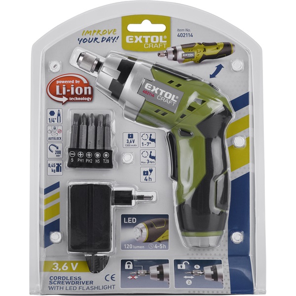 akkus csavarbehajtó, Li-ion; 3,6V, 1300 mAh,  200 1/min, 1/4", hatszög BIT-ekhez, elforgatható