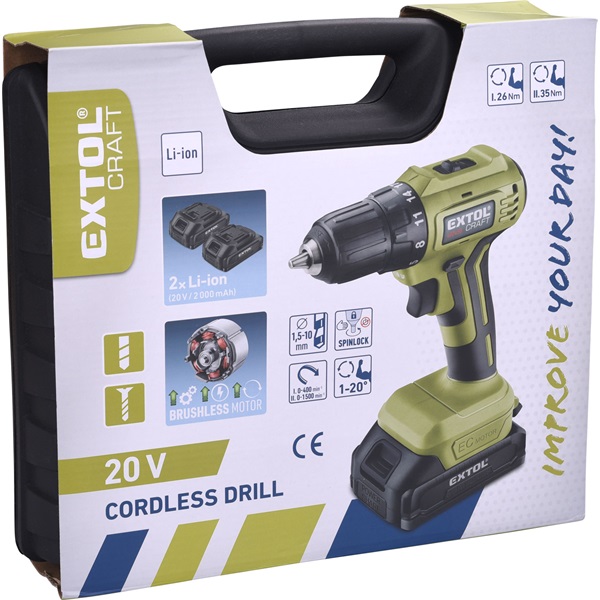 akkus fúrócsavarozó, Extol Craft, 20V, kefementes motor, kofferban; 2db 2000 mAh Li-ion akku + 1 db töltő