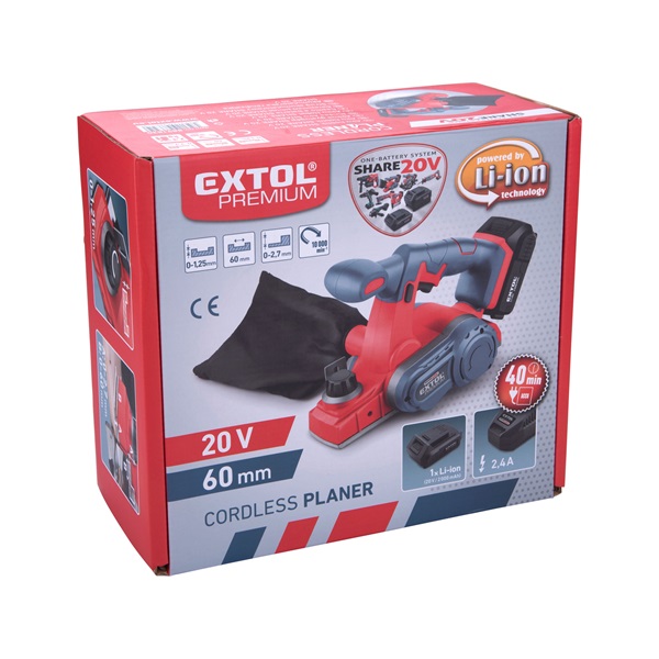 akkus gyalugép, Share20V, 20V, Li-ion, 1db akku, 1db töltő, 2000 mAh, 10.000 ford/perc, kés: 60 mm, mélység: 0-1,25 mm