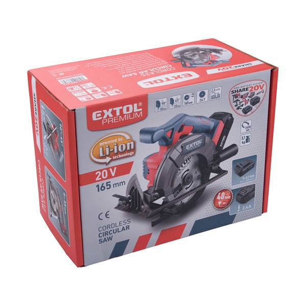 akkus körfűrészgép, Share20V, 20V, Li-ion, 1db akku, 1db töltő, 2000 mAh, 0-3650 ford/perc, 165 mm tárcsa