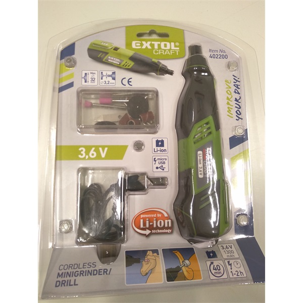 akkus mini köszörű és fúrógép, Li-ion; 3,6V, 1300 mAh, ford.:18000 1/min, befogás 3,2mm