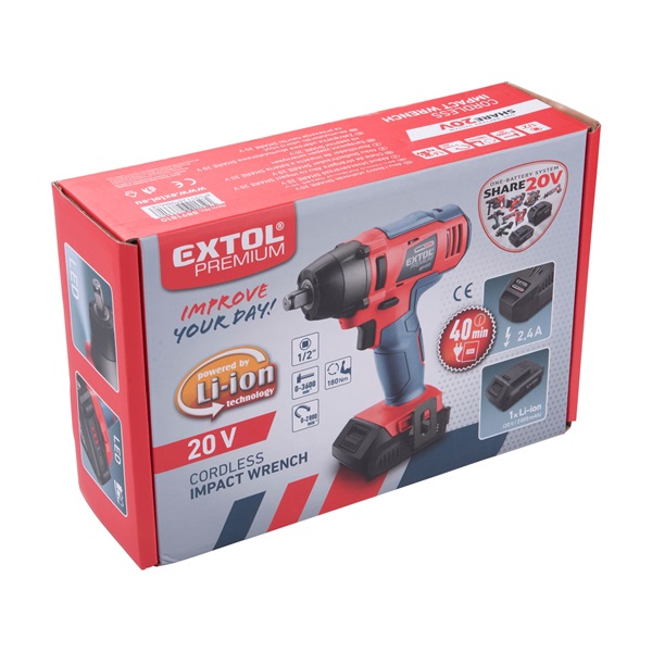 akkus ütvecsavarozó, Share20V, 1/2" négyszög, Li-ion; 180 Nm, 1db 20V akku: 2000 mAh, 1db töltő,