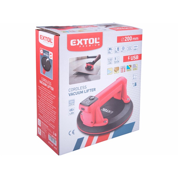 akkus vákuumos emelő (üvegemelő/lapemelő), automatikus vákuumtartással, USB töltés, 3,7V, 2000 mAh Li-ion akku