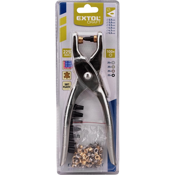 bőrlyukasztó klt.; fogó 225mm + 6 db lyukasztó fej: 2,5-3,0-3,5-4,0-4,5-5mm + 2 db szegecselő fej + 100 db szegecs