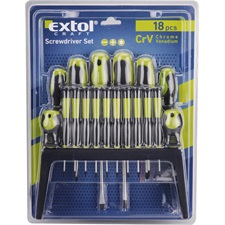 csavarhúzó klt. 18 db, CrV, mágneses, 4db lapos + 4 db PH + 10 db órás csavarhúzó, műanyag tartóval, bliszteren