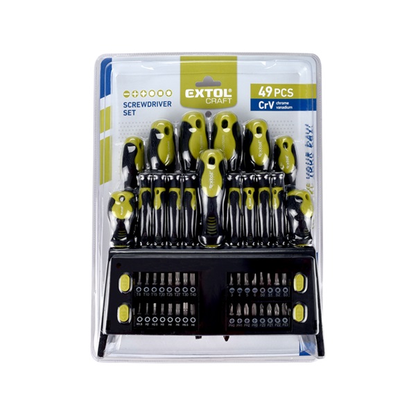 csavarhúzó klt. 49 db, CrV, mágneses, 4db lapos + 4 db PH + 8 db órás csavarhúzó + BIT-ek, műa. tartóállvány, bliszteren