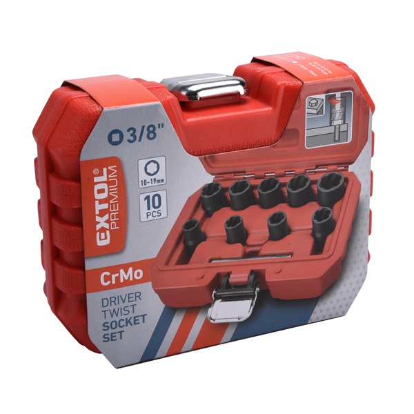 csavarkiszedő klt. TWIST; 3/8" befogás, 9db fej: 10, 11, 12, 13, 14, 15, 16, 17, 19mm, 1 db kiütőrúd, CrMo, műanyag kof.