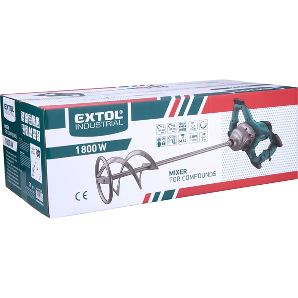 elektromos festék- és habarcskeverő gép (mixer) 1800W, M14 menet, lágy indítás,  ford I=180-400/min, II=300-700/min