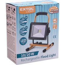 hordozható LED lámpa (reflektor), 10/20W; 1400 Lm, IP65, Li-ion akkus, 4400 mAh, tölthető: 230V és 12V is, 1,5kg
