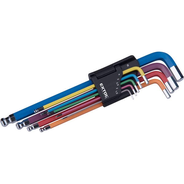 imbuszkulcs klt., 9db, HEX, több színű, extra hosszú, gömbfej, H 1,5-10mm, S2, krómozott