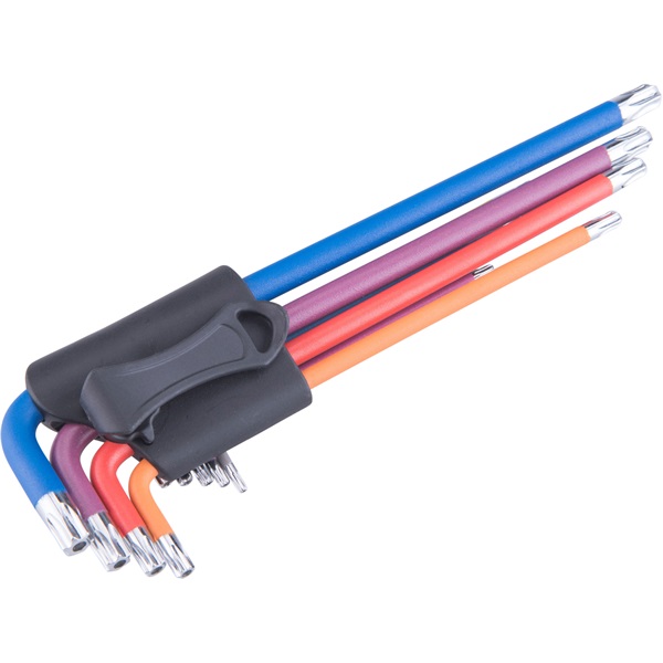 torx kulcs klt., 9db, több színű, extra hosszú, T10-T50, hosszú szár: tömör/gömbfej, rövid szár: lyukas, S2, krómozott