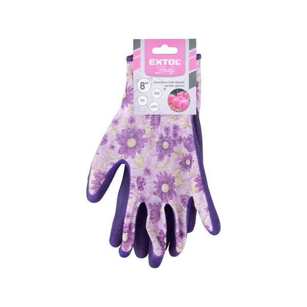 kerti kesztyű, virágmintás, poliészter, méret: 8` latexbe mártott teny. és ujjhegy., gumírozott mandzsetta, Extol Lady