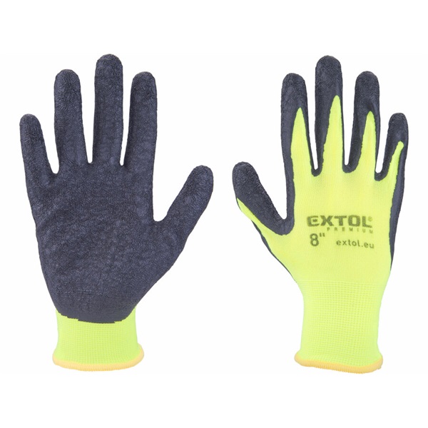 kötött kesztyű nylon, varrat nélküli, méret  8` latexbe mártott teny. és ujjhegy, gumírozott mandzsetta