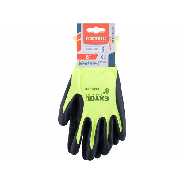 kötött kesztyű nylon, varrat nélküli, méret  8` latexbe mártott teny. és ujjhegy, gumírozott mandzsetta