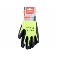 kötött kesztyű nylon, varrat nélküli, méret  8` latexbe mártott teny. és ujjhegy, gumírozott mandzsetta