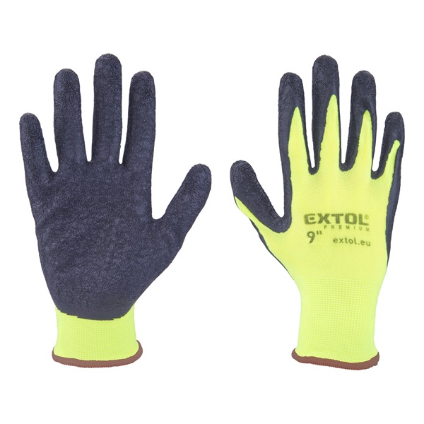 kötött kesztyű nylon, varrat nélküli, méret  9` latexbe mártott teny. és ujjhegy, gumírozott mandzsetta