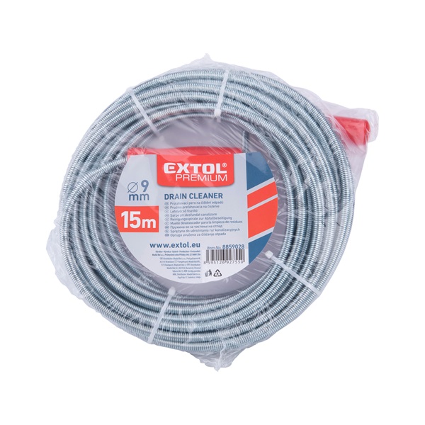 lefolyócső tisztító, 15m, 9mm átmérő,  kézi tekerővel, tisztító körömmel,  (1,9mm drótból sodorva)