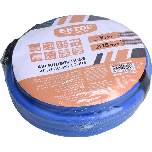 légtömlő egyenes, 10m, kompresszorhoz, 3/8", átm.: 9 / 15 mm, max. 20 Bar, gyorscsatlakozókkal