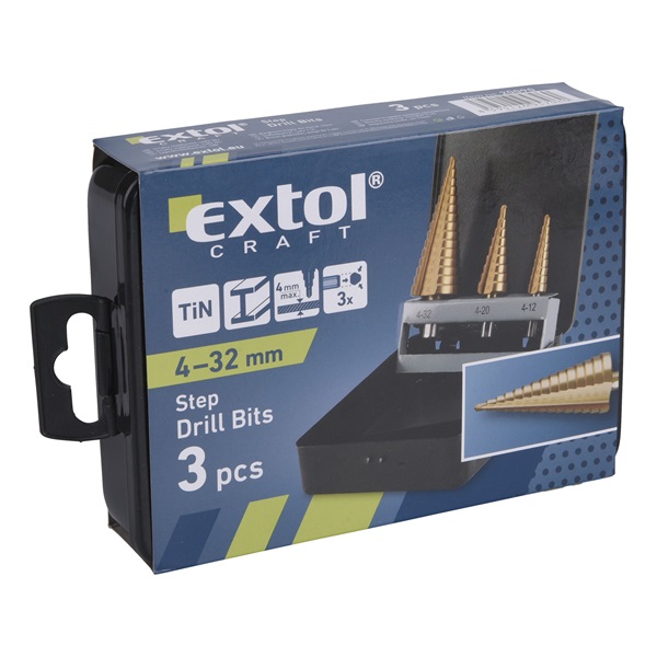 lépcsős fémfúró klt. 3db; (4-12mm/1mm lépcsők,4-20mm/2mm,4-32mm/2mm) befogás:10mm, max.4mm vastag anyagokhoz,TiN bevonat