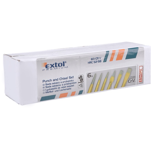 lyukasztó, pontozó és véső klt. 6db CrV. HRC 52-58 ; 1db pontozó, 2 db lyukasztó, 3 db véső, hossz.:120-150mm