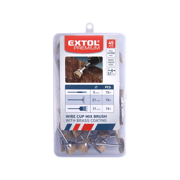 mini drótcsiszoló klt. 3,2 mm befogás, 45 db, 3 féle fazékkefe fejforma, rezezett acélszál