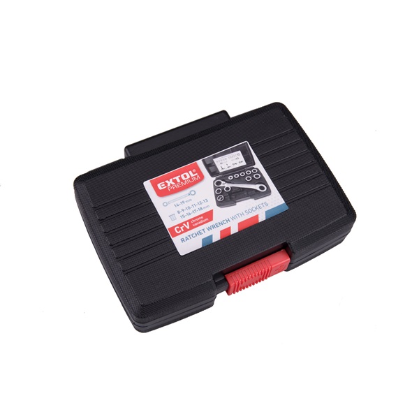 racsnis csillagkulcs klt. 11db; cserélhető betétekkel: 8-19mm CrV. 72 foggal, 2 irányú forgás