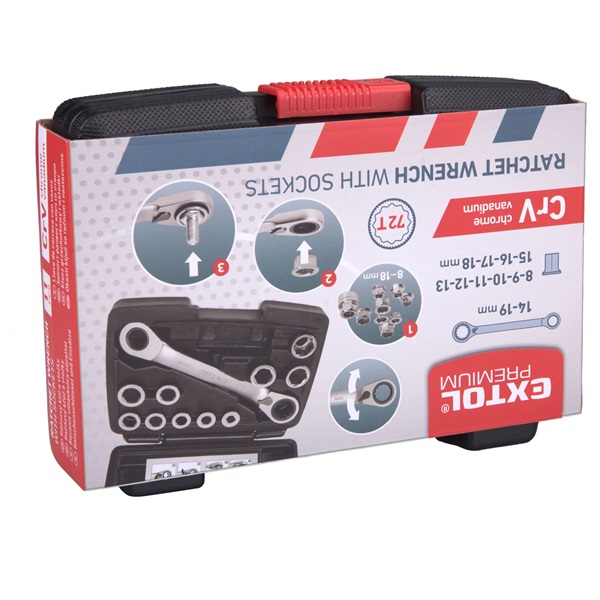 racsnis csillagkulcs klt. 11db; cserélhető betétekkel: 8-19mm CrV. 72 foggal, 2 irányú forgás