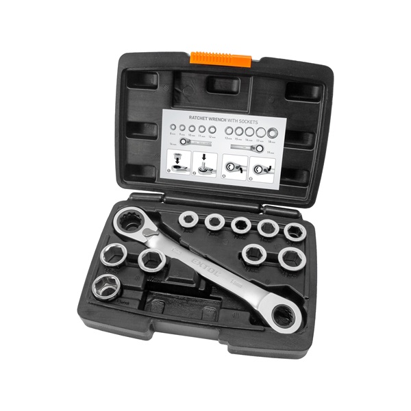 racsnis csillagkulcs klt. 11db; cserélhető betétekkel: 8-19mm CrV. 72 foggal, 2 irányú forgás